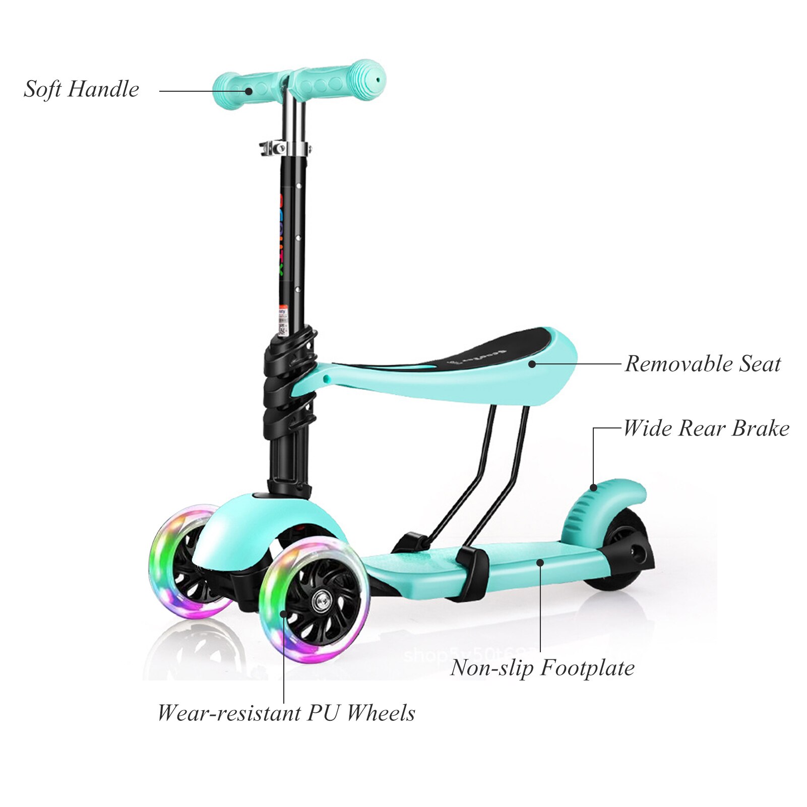 3 in 1 Kick Scooter Three Wheeled Sport Scooter For Kids Toddler Age 2-6 With Adjustable Height Options Seat Handlebar