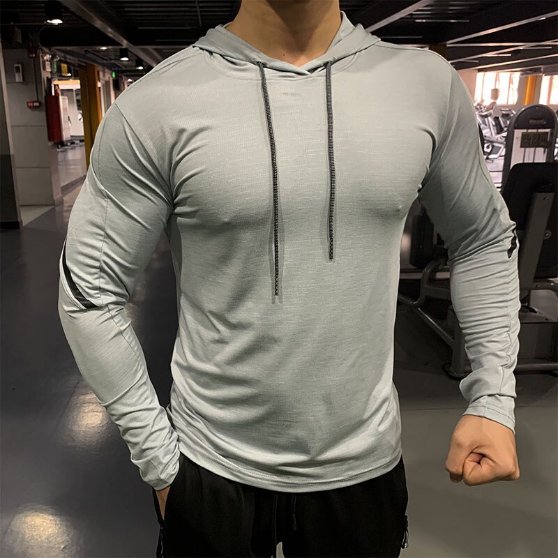 Ginásio masculino t camisa casual manga longa magro topos camisetas elástico esportes fitness conforto fino respirável secagem rápida com capuz