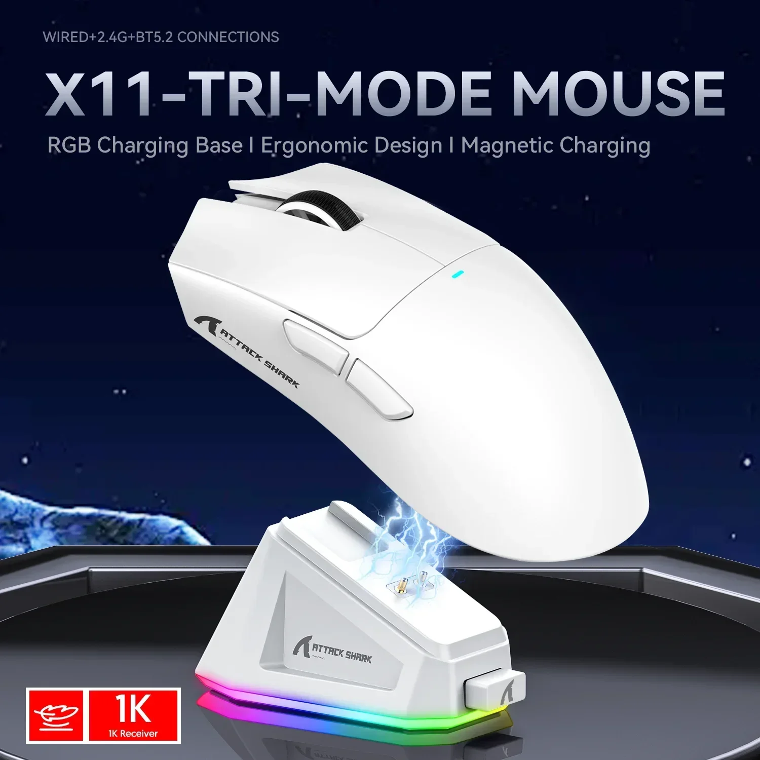 Attack Shark X11 Tri Mode PAW3311 2.4G-Gaming Mouse Magnetic Rechargeable Connectivity Ultra-Light Wireless E-sports for PC-LAP: WHITE