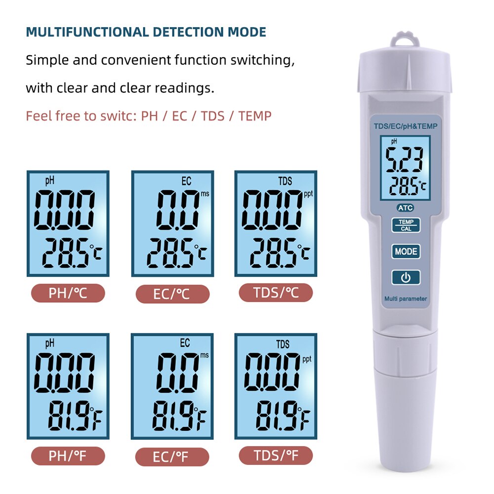 ph meter digital 4 in 1 PH/EC/TDS/Temp Meter Water Test Meter High Accuracy Measurement Range LCD Display Measure Tool