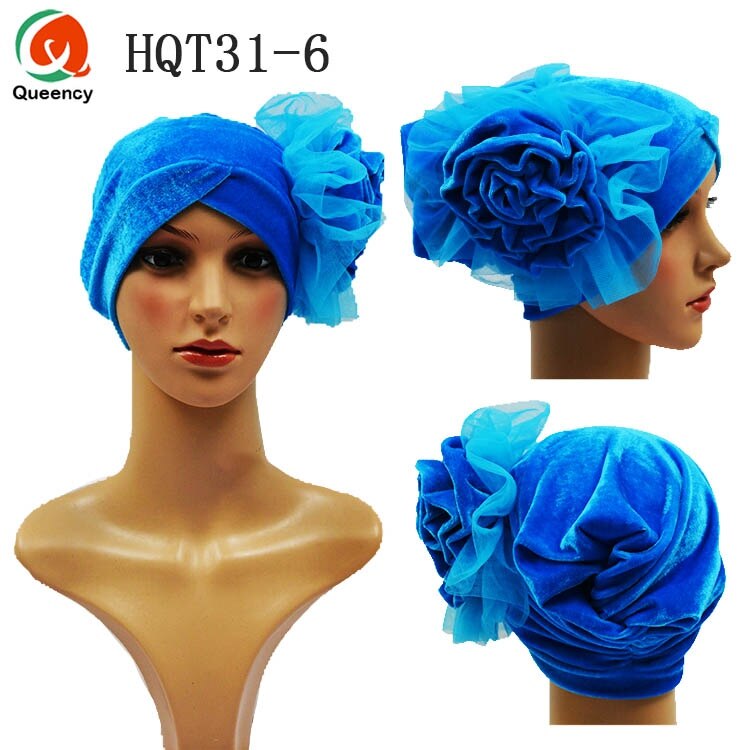 HQT31 Turban Nigeria cravate dames velours Tuban Gele casque musulman arabe Bonnet fleur chapeau pour mariage et fête: Turquiuse blue