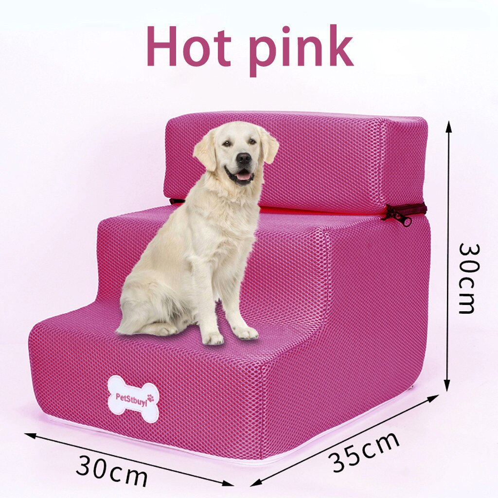 Breathable Mesh Foldable Pet Stairs Detachable Pet Bed Cat Dog Ramp 3 Steps Dog Training Stairs: Hot Pink 