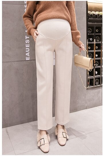 Moederschap broek herfst en winter mode stijl dragen wide-leg broek winter wollen suiting buik warme broek: Rice white / XL