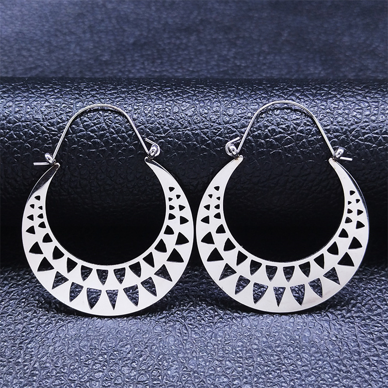 Pendientes de flor de loto de Yoga a la , pendientes de aro de acero inoxidable de Color dorado para mujer, joyería boucles d'oreilles E9360S01: Color acero