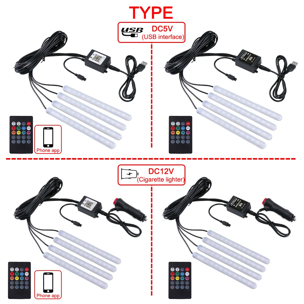 Usb-ljus bil interiör ljus led strip ljus flerfärgad musik sensor justerbar bil fotvägg ljus med telefon app styrning