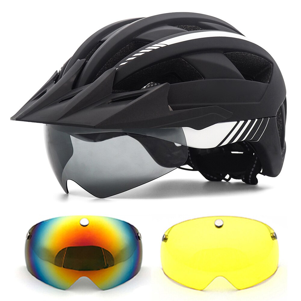 MTB Cycling Helmet XC Off-road Road Mountain Bike Bicycle Helmets With Sun Visor and Goggles for Men women Cycling sports helmet: Black white-2