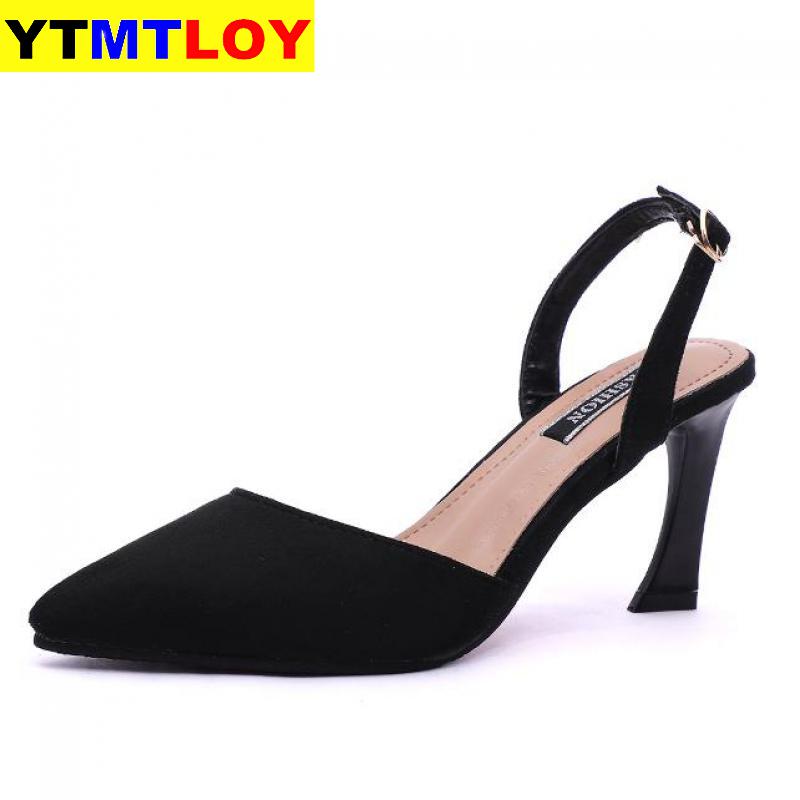 Sko kvinde spring 6cm tynde høje hæle slingbacks kvindelige spidse tå solid flock damesko kontor dame sandaler
