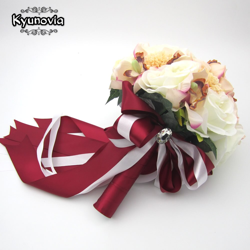 Kyunovia soie mariage Bouquet fleurs mariage souvenir Bouquet mariée Bouquet corail Rose et Rose hortensia mariage Bouquet FE36: Bouquet ClaretRibbon