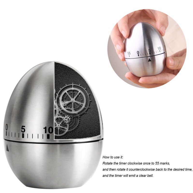 Kitchen Timer Manual Stainless Steel Egg Shaped Mechanical Rotating Alarm With 60 Minutes For Cooking For Kitchen