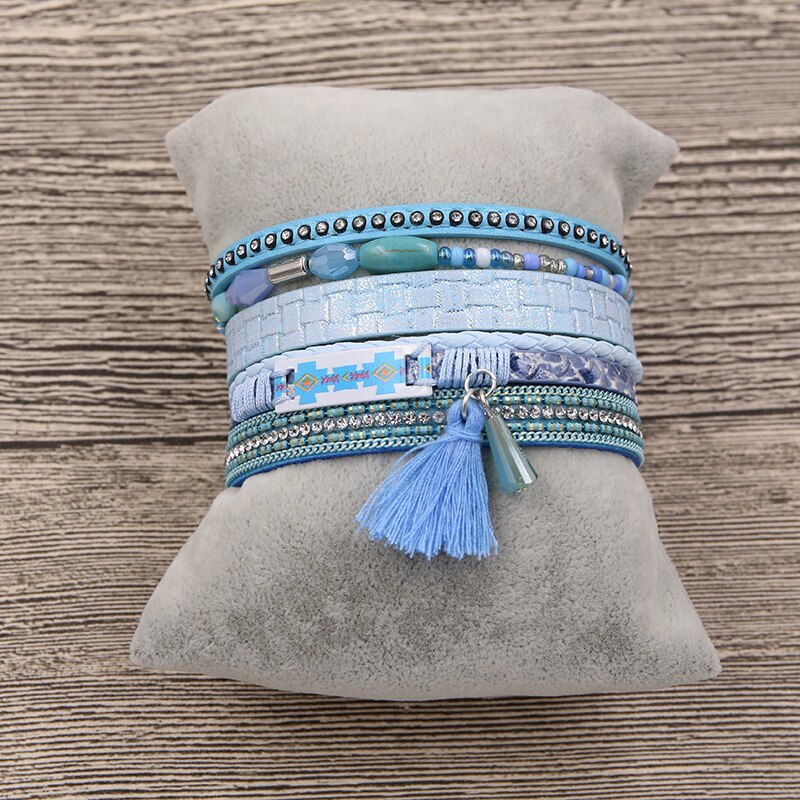 STRATHSPEY Etnische Kwasten Sieraden Armband Vrouwen multi-layer Lederen Touw Strass Magneet Sluiting Bangle Bracelete Feminino Blauw