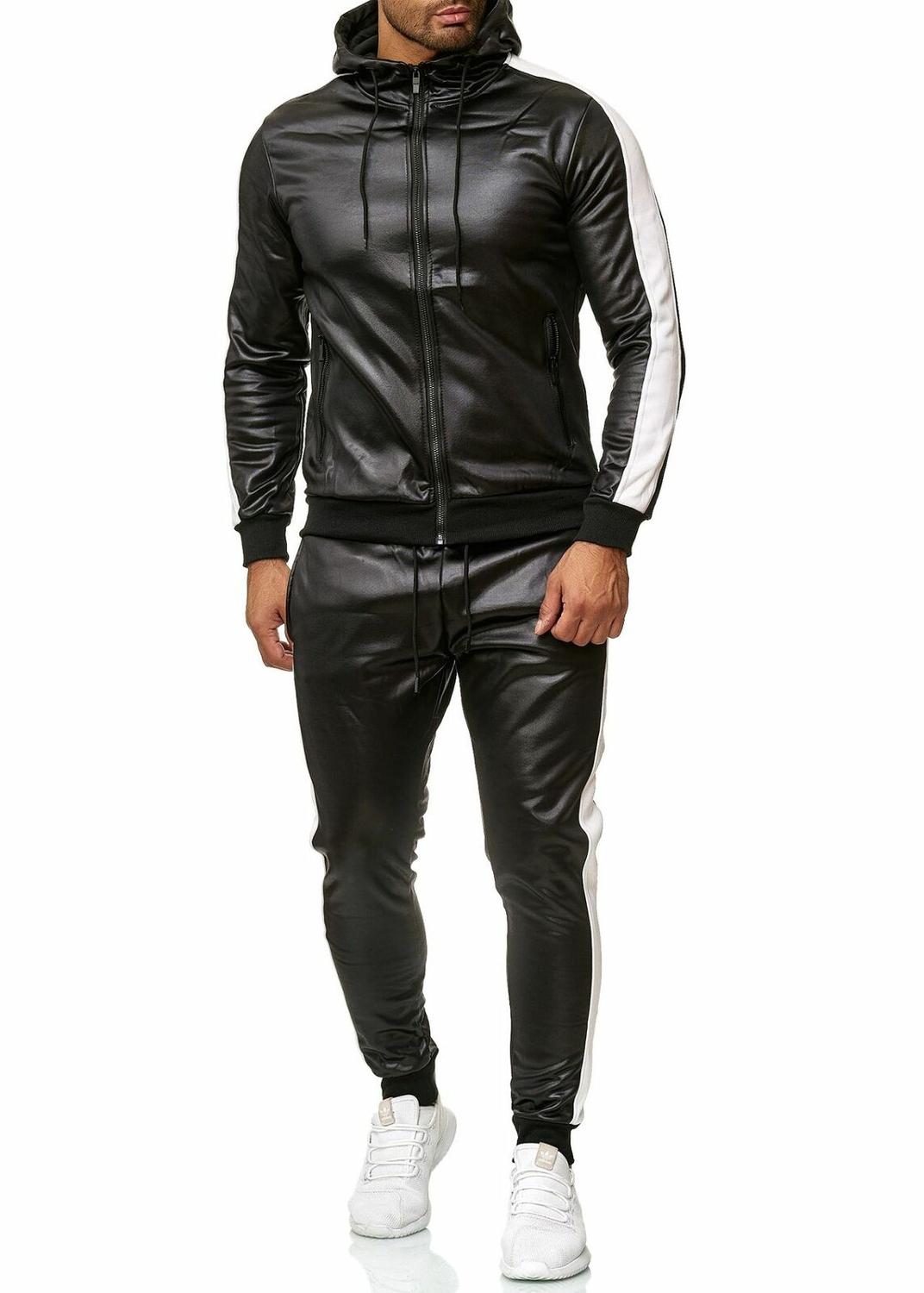 Herr pu läder vinter träningsoveraller män set tjocka hoodies dragkedja jackor byxor kostym sweatsuit herr hoodie sport kostym: 2 / Xxl