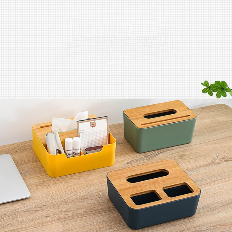 Plastic Tissue Box Bamboo Cover Napkin Paper Dispenser Organizer Cosmetic Storage Remote Control Container for Office