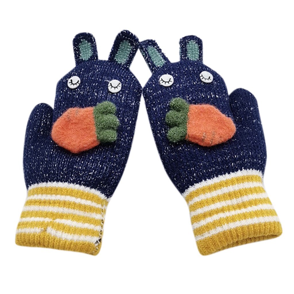 Cartoon Rabbit Knitted Gloves For Children Kids Boys Girls Carrot Applique Patchwork Hand Gloves Winter Warm Full Finger Mittens: C