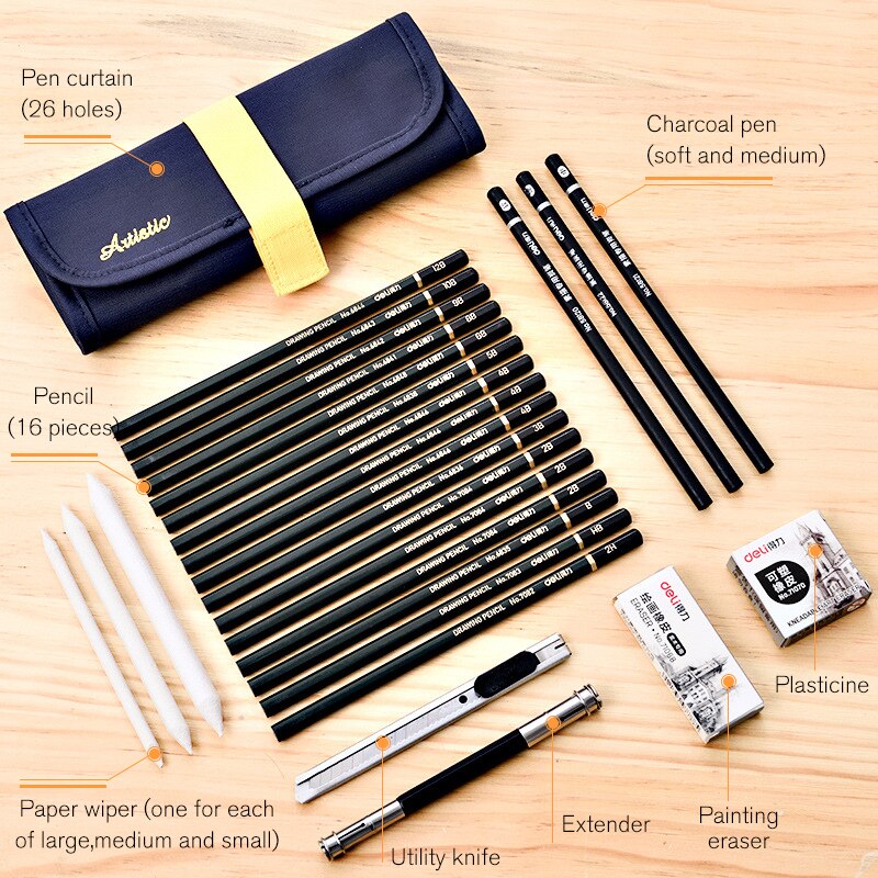Deli 27pcs Sketch Pencil Set Sketching Drawing Tool Kit For Beginner Wood Pencils For School Students Art Supplies: Default Title