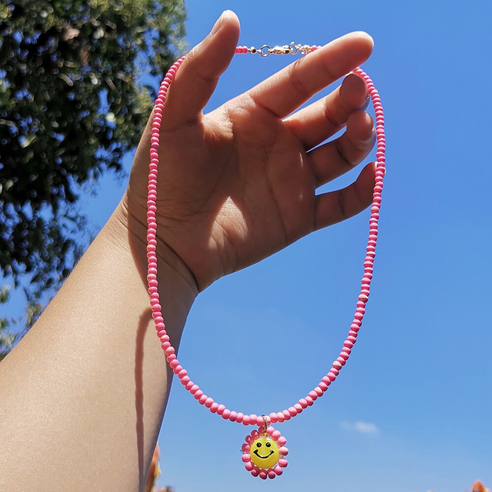 ZX de hecho a mano colorido cuentas de collar de Gargantilla de cadena lindo Similey cara colgante collares al por mayor, joyas de las mujeres Accesorios: pink