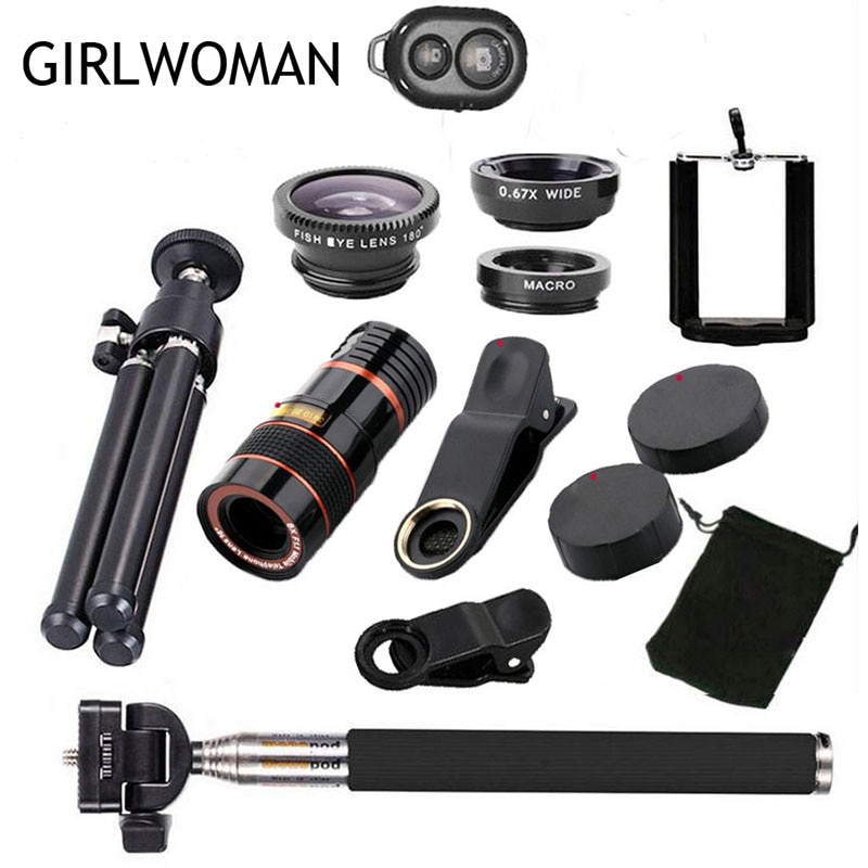 Girlwoman 10 in 1 Bausätze 12x Zoomen Teleobjektiv Fisch auge Weitwinkel Makro Linsen praktisch Mobilen Stativ für xiaomi redmi