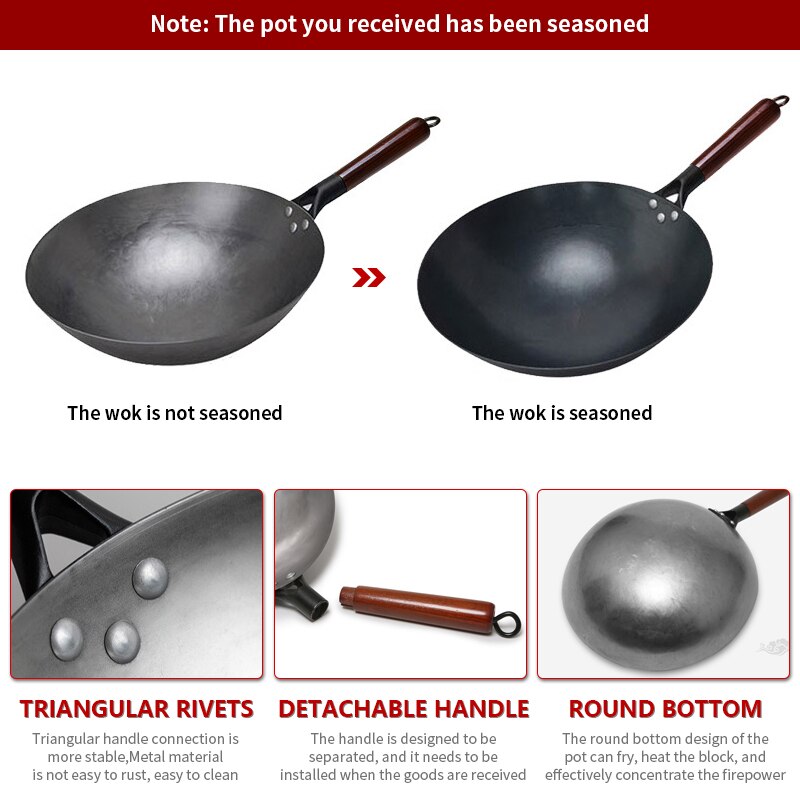 Iron wok China Traditional Wok Handmade Non-coating Woks with Wooden Handle For Kitchen Gas Cookware 1 to 2 People