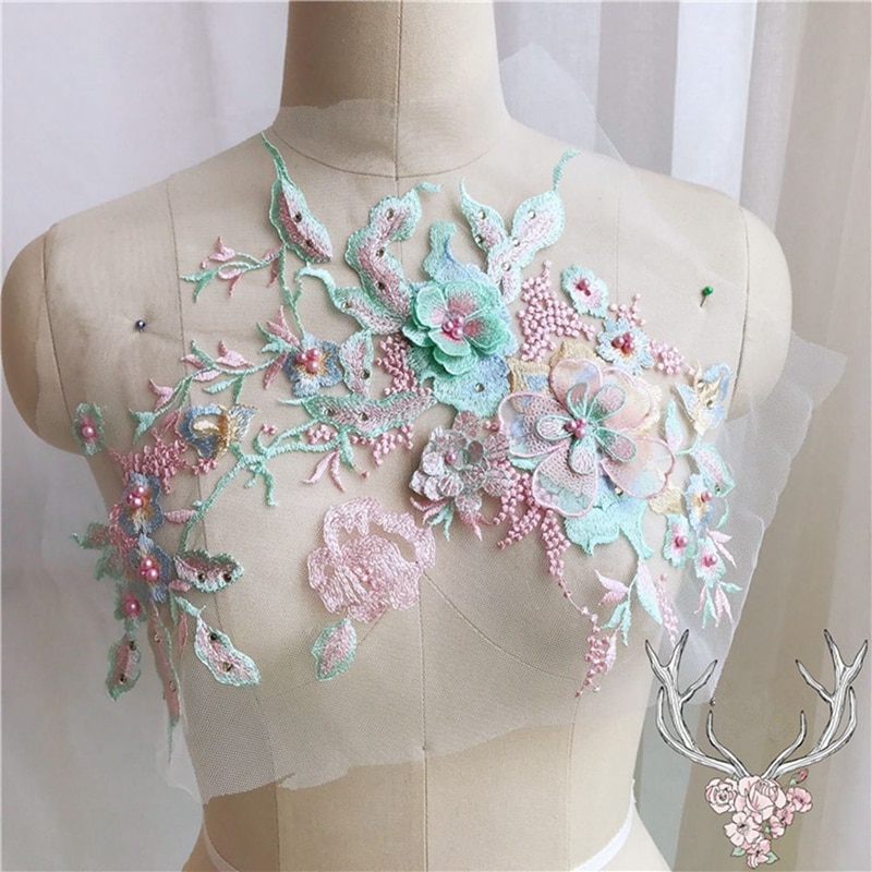 1 st Kleurrijke 3D Bloem Borduurwerk Patches Bridal Lace Naaien Stof Applique Kralen Pearl Tulle DIY Trouwjurk
