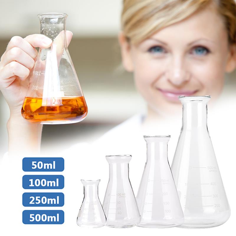 Matraz cónico transparente de laboratorio, frasco de plástico de Ciencia de plástico, cristalería de seguridad, material de laboratorio de investigación escolar