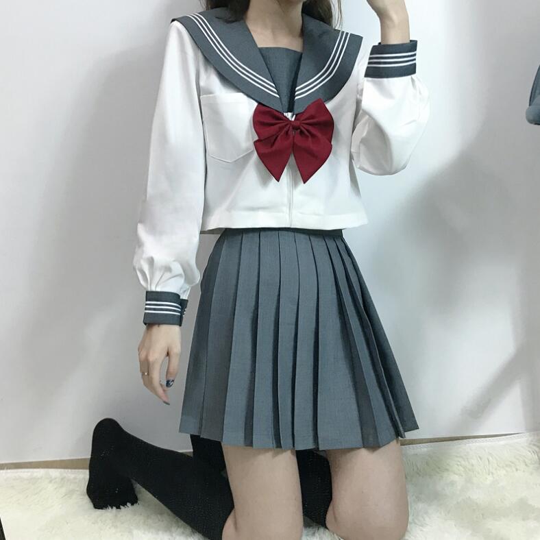 GRAUE Uniform ANZÜGE WEIß 3 LINESTR Japanischen JK setzt Schuluniform Mädchen Sakura Embroideried Hohe Schule Frauen Neuheit JKL031: 031 lang Ärmel einstellen / L