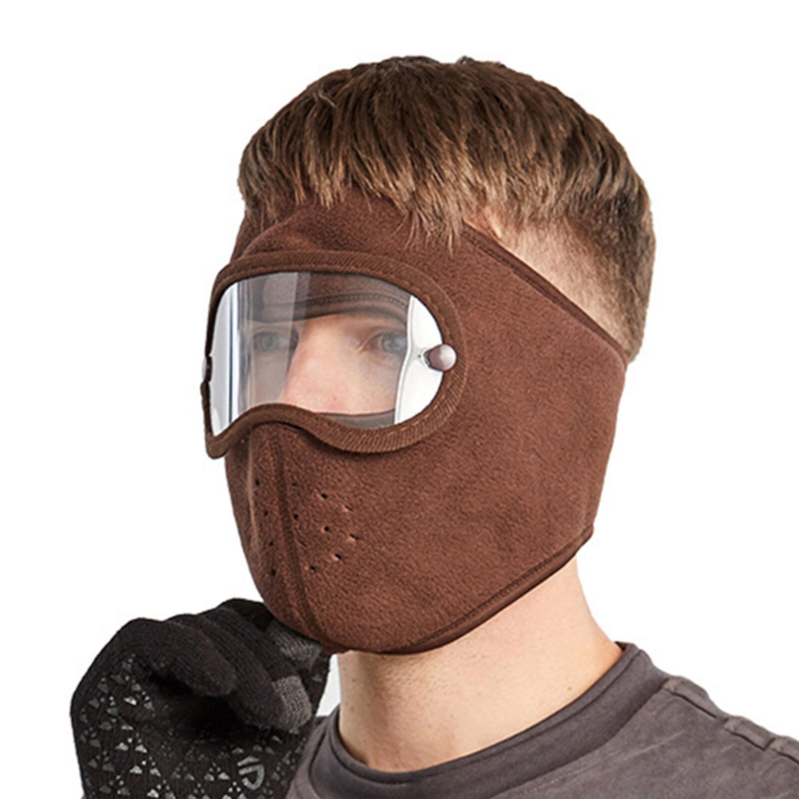 Dust-Proof Volledige Gezicht Hoofddeksels Anti-Fog Winter Warme Polar Fleece W/Goggles: Coffee