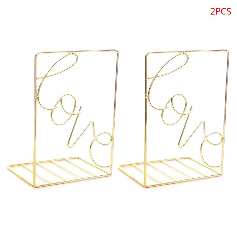 2Pcs/Pair Love Shaped Metal Bookends Desk Storage Holder Shelf Book Organizer Stand 19QA: Gold