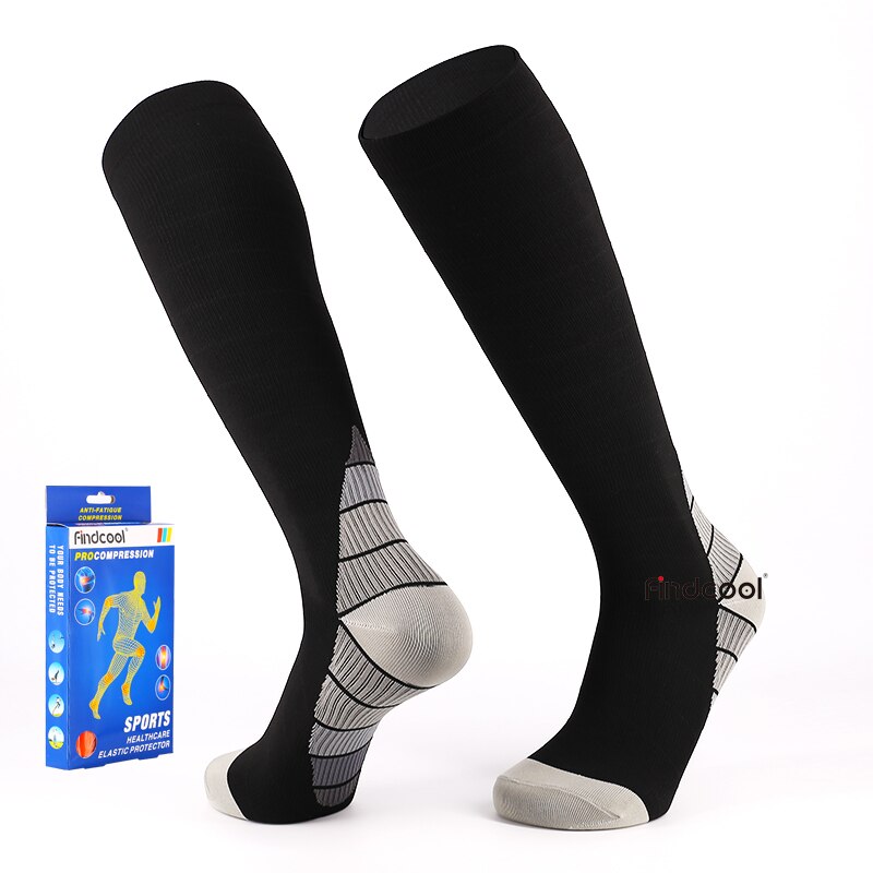 Findcool Knee High Compression Socks Outdoor Sports Socks Running Cycling Travel Boost Stamina Long Sock for Men Women: Black Grey / L/XL