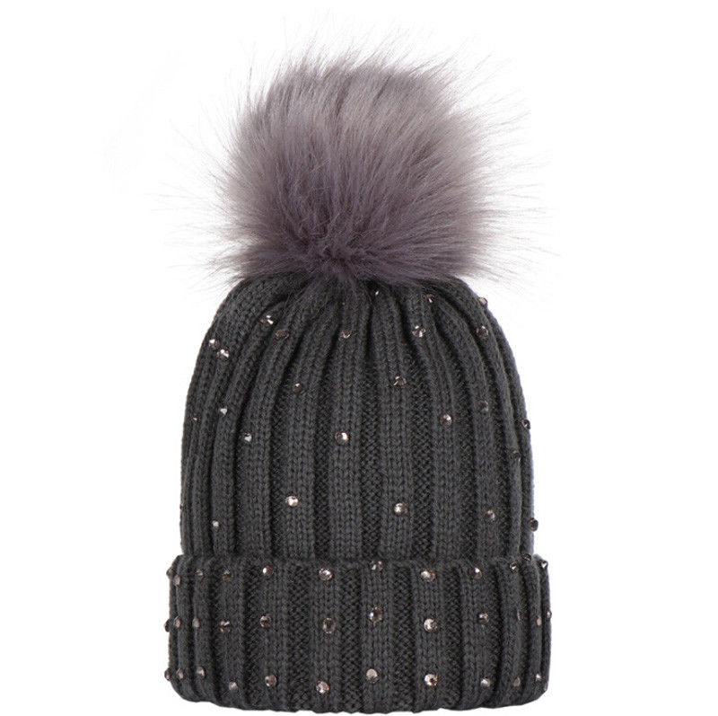 Style Girl Crystal Winter Warm Knit Beanie Hat Kid Cap Knitting Wool Patchwork With Ball
