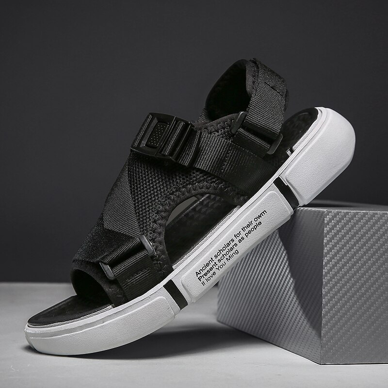 Newest Summer Men Sandals Massage Slippers Breathable Flat Man Shoes Outdoor Beach Shoes Mules: Black and White / 39