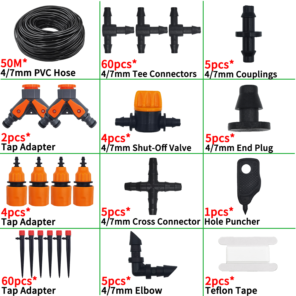 Drip Irrigation System 1/4'' Hose Adjustable 13CM Sprinkler Kit 4-Way Micro Watering Flow for Garden Flowers Vegetables: Orange