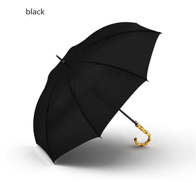 Olycat bambusrør langt træbøjet håndtag vindtæt og uv -bevis store solrige og regnfulde paraplyer til paraply: Sort