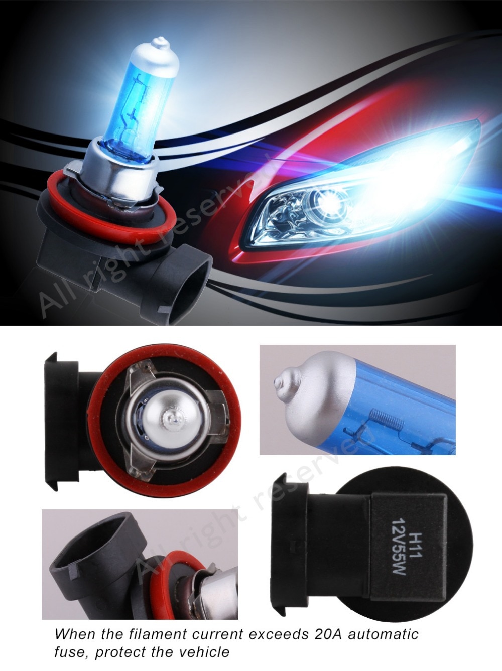 2pcs H11 55W 12V Super Bright Halogen Bulb Car Headlight Lamp Fog Lights High Power Auto Light Bulbs 5000K White
