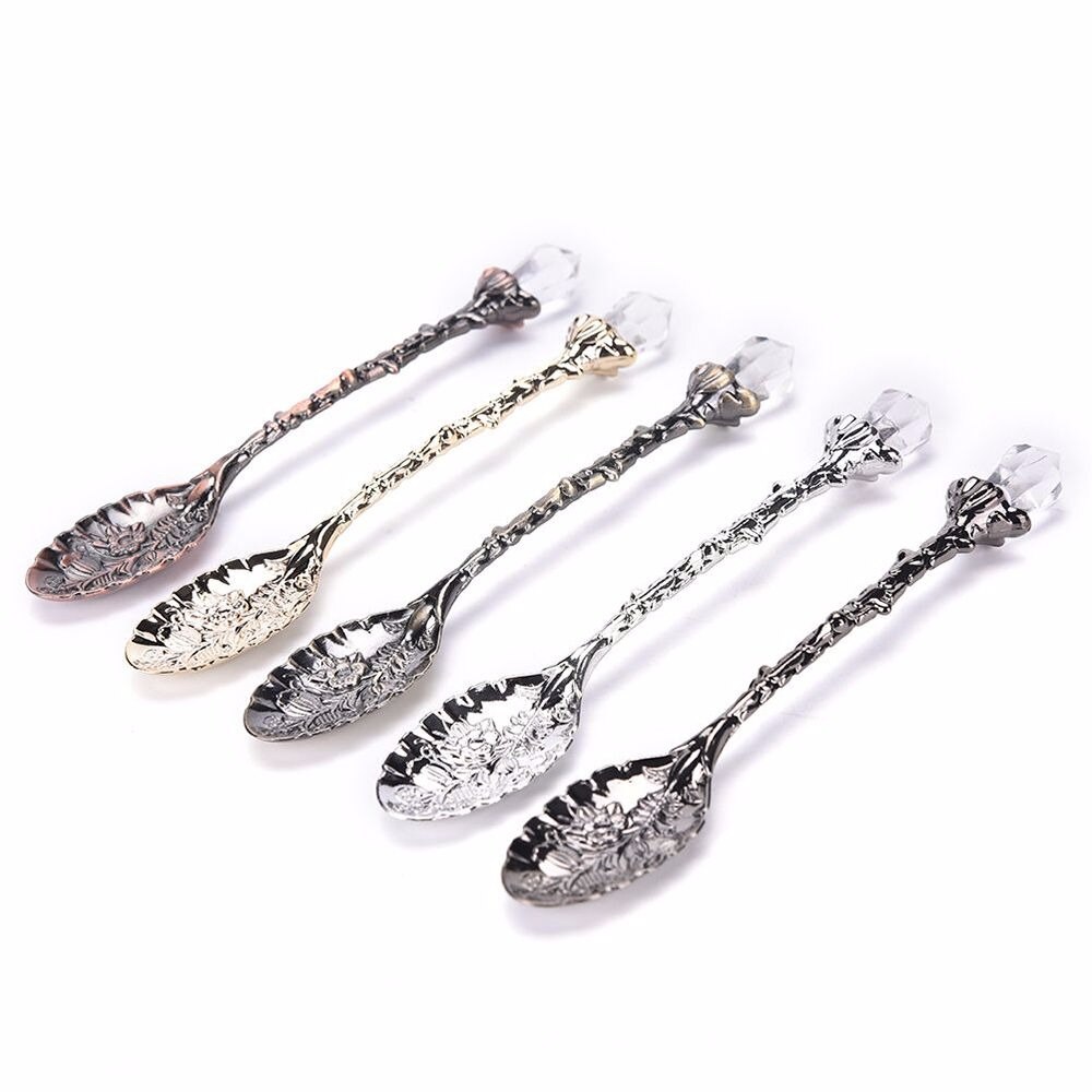 1pc Alloy Crystal Retro Coffee Tea Spoon Carved Flower Small Spoonful Dessert Spoons For Afternoon Tea Little For Souvenir