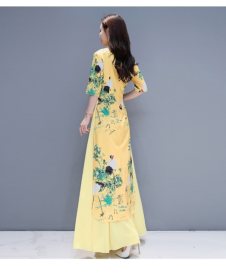 Asian long Qiapo maxi dress Chinese style yellow Ao Dai for women