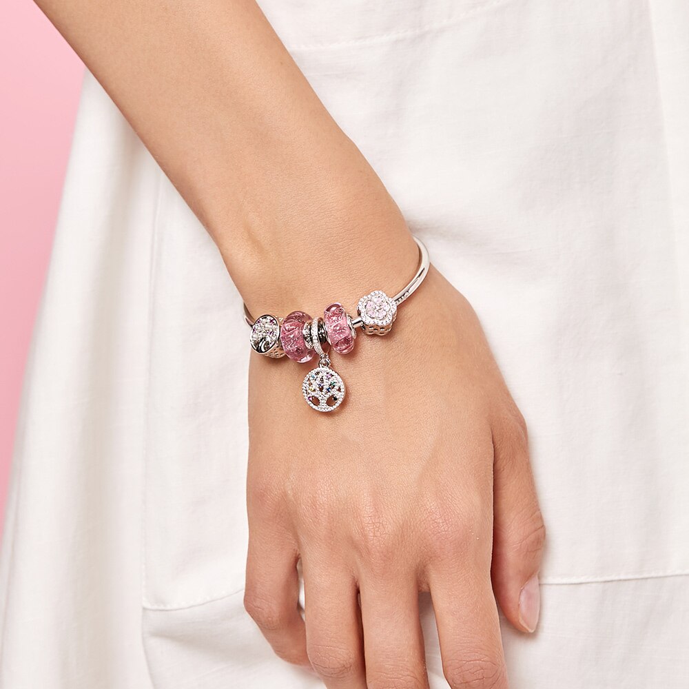 ATHENAIE 925 Sterling Silver Pink Enamel Clear CZ Cherry Blossoms Charms Fit Original Charm Bracelets Necklaces for Women