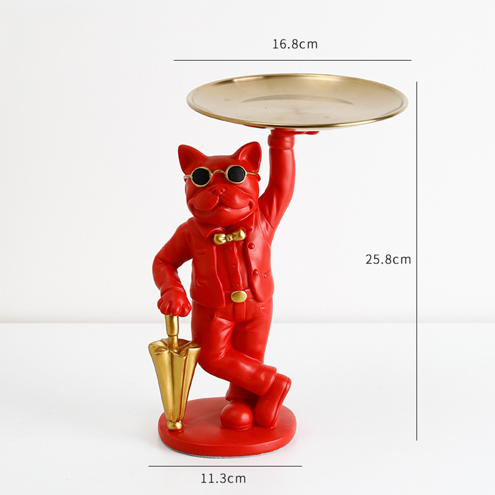 Nórdico francês bulldog escultura estátua do cão estátua de armazenamento jóias mesa decoração presente cinto placa óculos bandeja casa arte estátuas: E Red