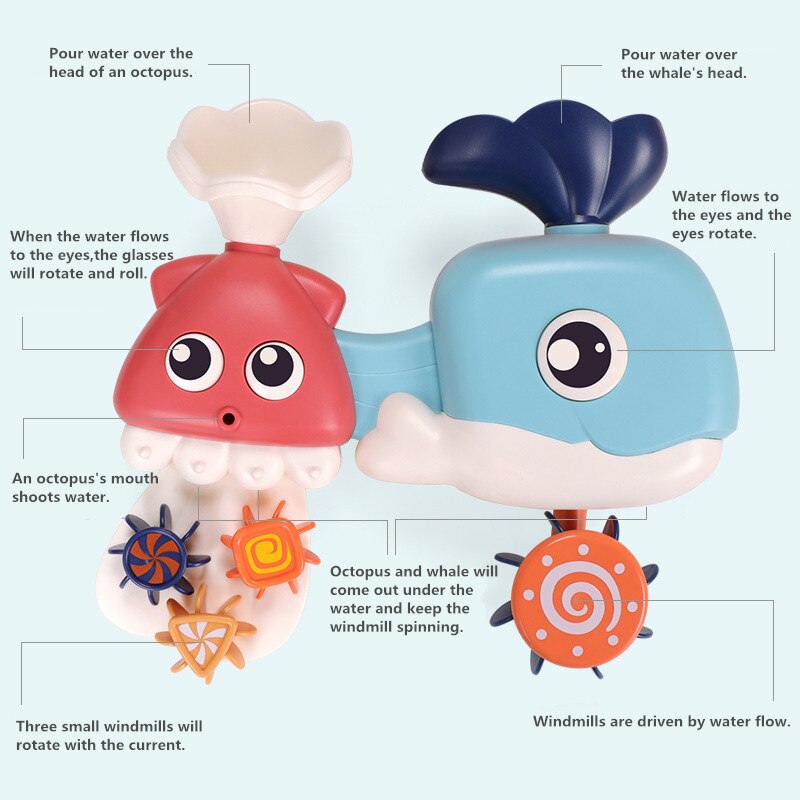 Children's bath toys, water play bath, educational shower toys, child's bathtub shower, whale octopus water wheel spray toy
