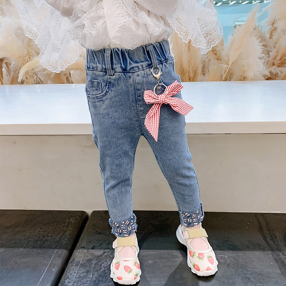 Baby Jeans Boog Peuter Meisje Jeans Bloemmotief Jeans Meisjes Lente Herfst Baby Meisje Kleding Casual Stijl