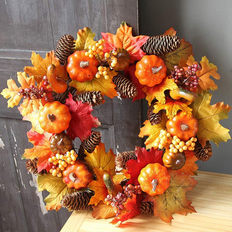 Halloween Thanksgiving Voordeur Krans Herfst Krans Oogst Met Kunstmatige Pompoenen Esdoornblad Berry Opknoping Decoratie