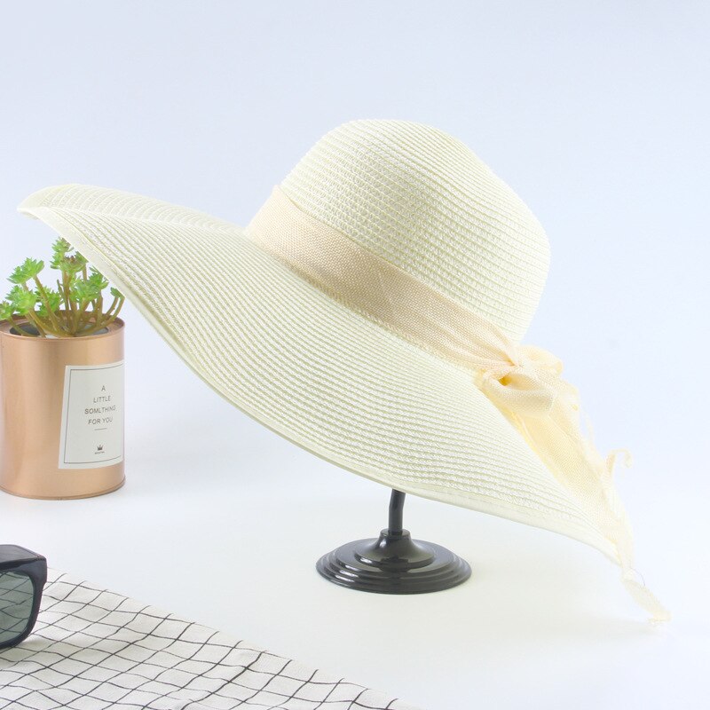 printemps été chapeau de paille femmes tempérament nœud papillon grand bord soleil chapeau Panama Style extérieur plage parasol chapeau de soleil: Ivoire