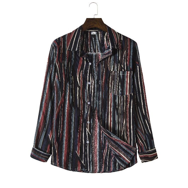 Långärmade linneskjortor herr märke grå skjorta herr vår lin randig skjorta man casual camisa overhemd: Svart / L