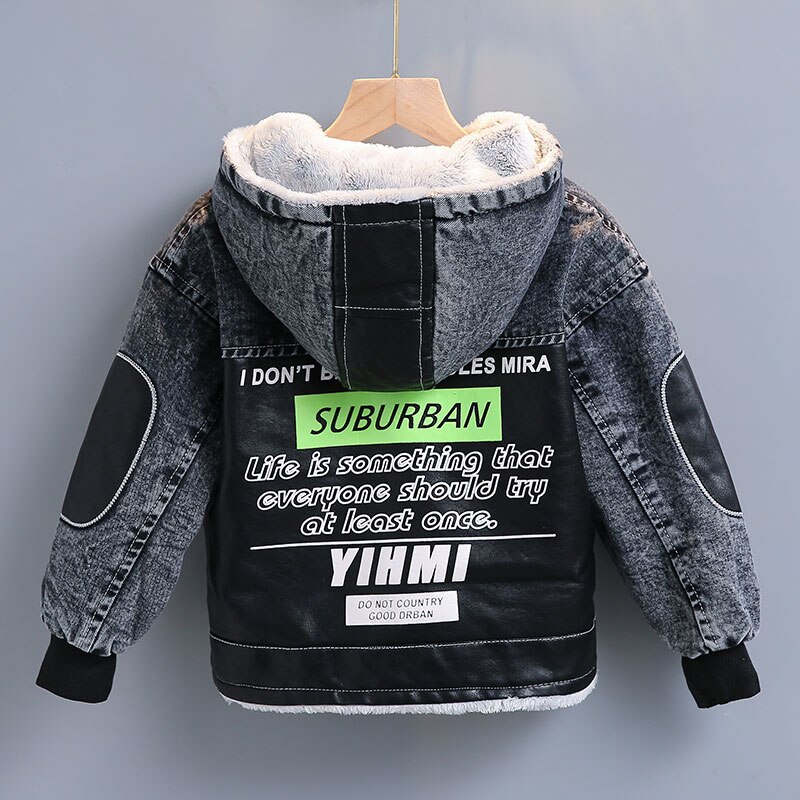 2-8 Years Old Thick Warm Boys Denim Jackets PU Leather Patchwork Kids Outwear Coat Autumn Winter Children Jean Coats: 2T