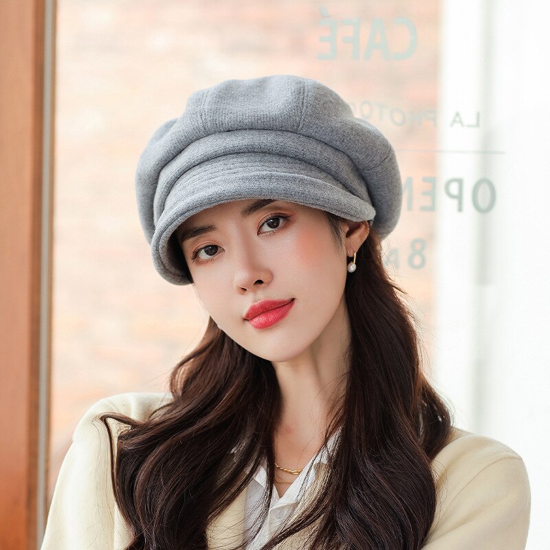 Octagonal Hat for Women Cotton Polyester Material Solid Color Retro Curled Short Brim Dome Simple and Beret Women's Hat: Gray
