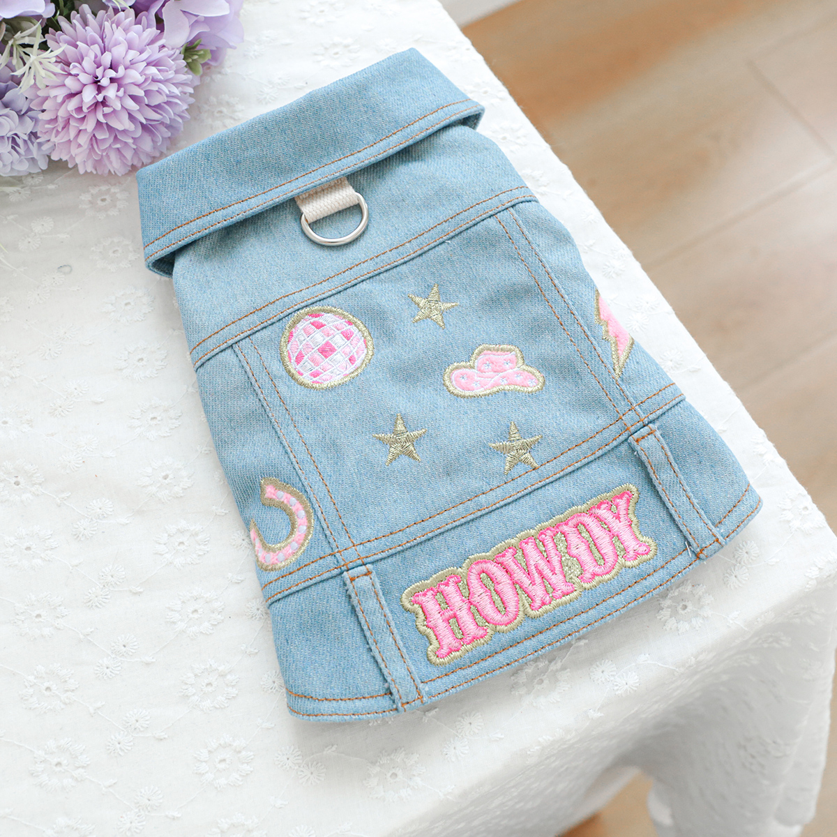 Roze geborduurde jas huisdierkleding hond kat zomer knappe blauwe mouwloze tractiekleding: XL