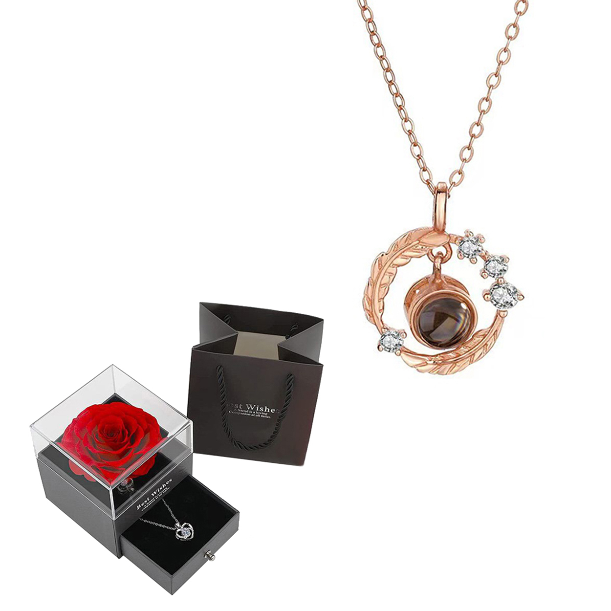 Conjunto de colar de projeção com caixa de presente rosa 100 idiomas eu te amo coração pingente jóias 2024 para presentes namorada dropshipping: BANHADO EM PRATA