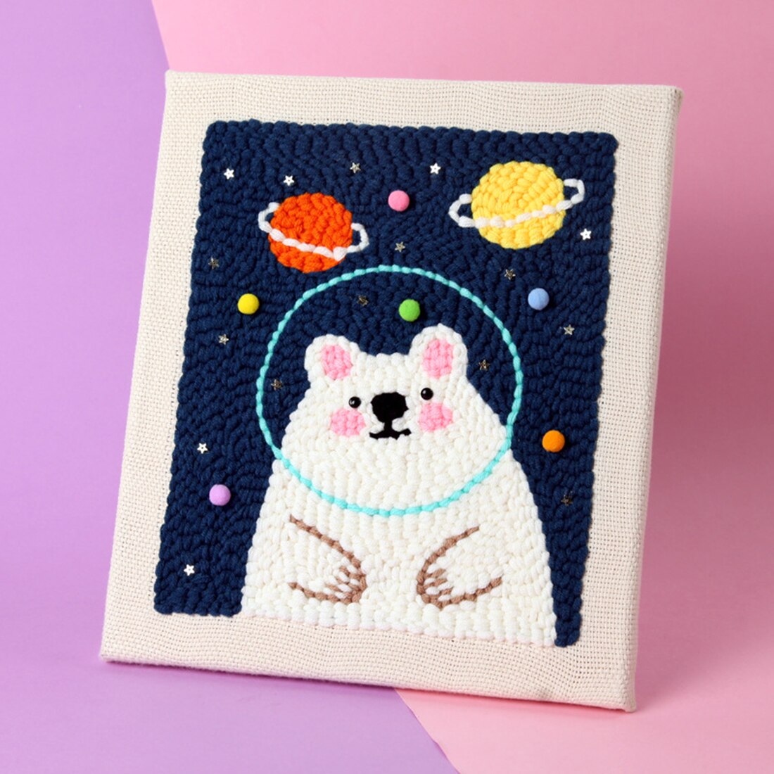 Bricolage tricot laine tapis Kit d'accrochage artisanat laine broderie avec 26x30cm cadre en bois massif poinçon aiguille-ours polaire
