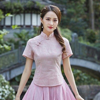 Sheng coco rosa kinesiske skjorter dame jacquard bomull qipao skjorte hanfu tradisjonelle topper kinesisk stil te service klær: S