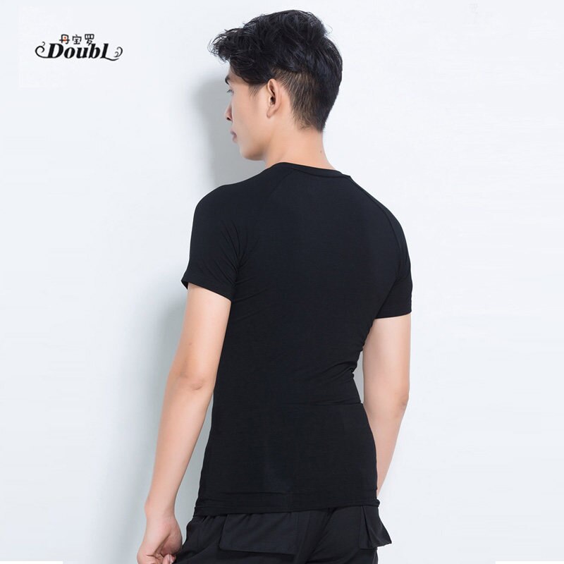 Doubl herren Tanz Tops Kostüm Erwachsene Latin T hemd V Rundhals Kurzarm Moderne Standard Schwarz Tragen sie Bequeme kleidung