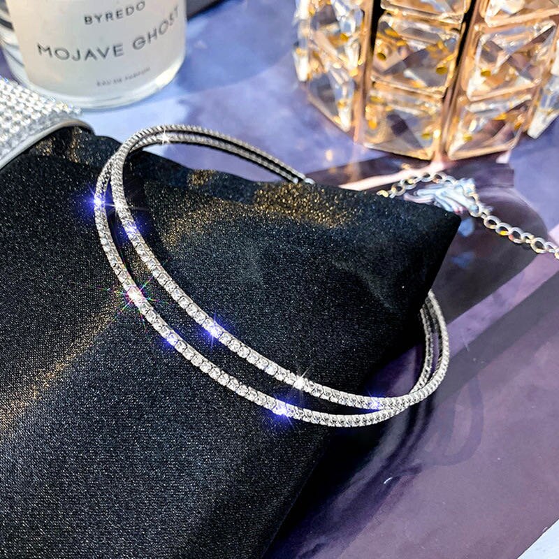 Korean einfache Strass frauen doppel halsketten erklärung luxus ausschnitt Kristall Halskette Party