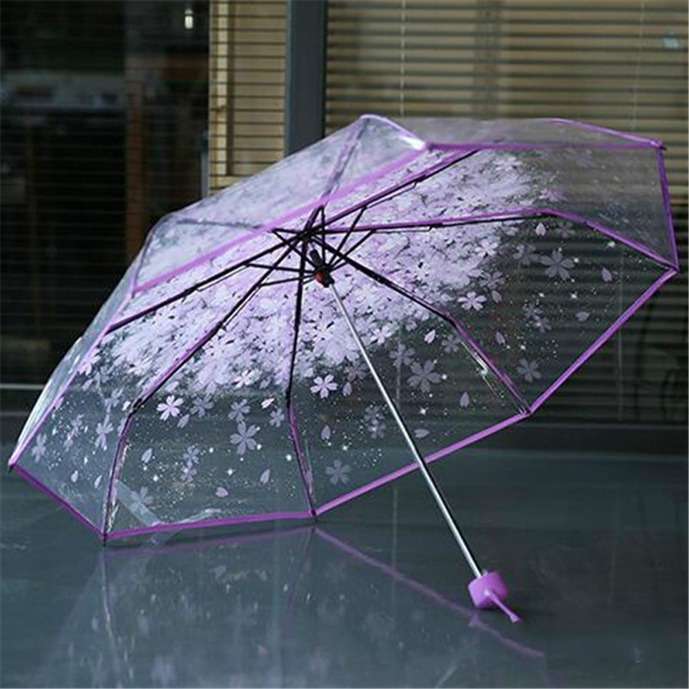 Transparent Clear Umbrella Cherry Blossom Mushroom Apollo Sakura 3 Fold Umbrella Protection Umbrella kids umbrella TDH: Purple